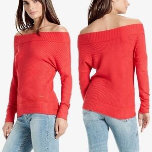 Lucky Brand Waffle Thermal Off the Shoulder Top in Red - Size S